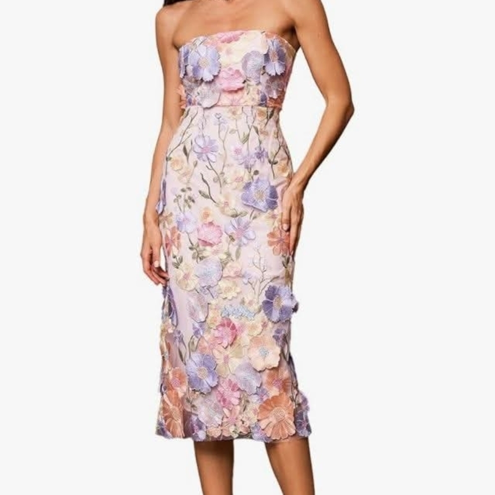 Strapless Floral Appliqué Midi Dress in Pastel Multi